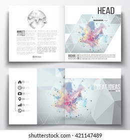 Set of annual report business templates for brochure, magazine, flyer or booklet. Molecular construction with connected lines and dots, scientific pattern on abstract colorful polygonal background