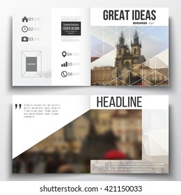 Set of annual report business templates for brochure, magazine, flyer or booklet. Polygonal background, blurred image, urban landscape, cityscape of Prague, modern triangular texture