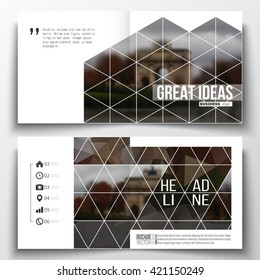 Set of annual report business templates for brochure, magazine, flyer or booklet. Polygonal background, blurred image, urban landscape, Paris cityscape, modern triangular vector texture.