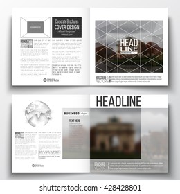 Set of annual report business templates for brochure, magazine, flyer or booklet. Polygonal background, blurred image, urban landscape, Paris cityscape, modern triangular vector texture.