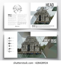 Set of annual report business templates for brochure, magazine, flyer or booklet. Polygonal background, blurred image, urban landscape, modern stylish triangular vector texture.