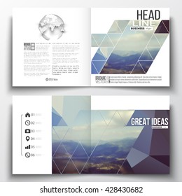 Set of annual report business templates for brochure, magazine, flyer or booklet. Abstract colorful polygonal backdrop, blurred background, mountain landscape, modern stylish triangle vector texture.