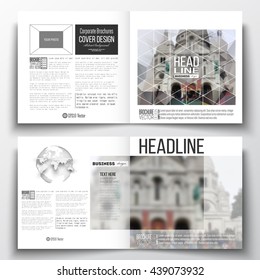 Set of annual report business templates for brochure, magazine, flyer or booklet. Polygonal background, blurred image, view of cathedral Sakre-Ker, Paris cityscape, modern triangular vector texture