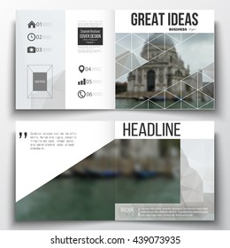Set of annual report business templates for brochure, magazine, flyer or booklet. Polygonal background, blurred image, urban landscape, modern stylish triangular vector texture.