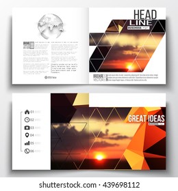 Set of annual report business templates for brochure, magazine, flyer or booklet. Colorful polygonal backdrop, blurred natural background, amazing summer sunset view, modern triangle vector texture