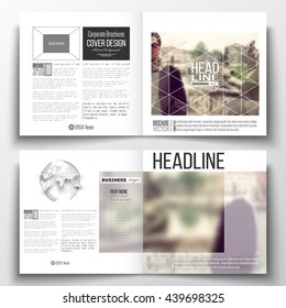 Set of annual report business templates for brochure, magazine, flyer or booklet. Polygonal background, blurred image, vacation, travel, tourism. Modern triangular vector texture.