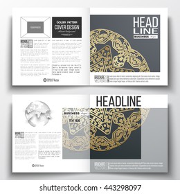 Set of annual report business templates for brochure, magazine, flyer or booklet. Golden microchip pattern, dark background, mandala template with connecting dots and lines. Digital scientific vector