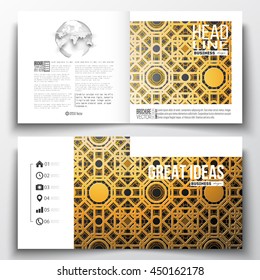 Set of annual report business templates for brochure, magazine, flyer or booklet. Islamic gold pattern, overlapping geometric shapes forming abstract ornament. Vector golden texture.