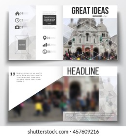 Set of annual report business templates for brochure, magazine, flyer or booklet. Polygonal background, blurred image, view of cathedral Sakre-Ker, Paris cityscape, modern triangular vector texture