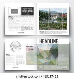 Set of annual report business templates for brochure, magazine, flyer or booklet. Polygonal background, blurred image, park landscape, modern stylish vector texture.