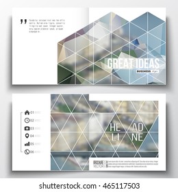 Set of annual report business templates for brochure, magazine, flyer or booklet. Polygonal background, blurred image, urban landscape, modern stylish triangular vector texture.