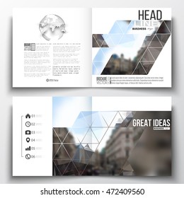 Set of annual report business templates for brochure, magazine, flyer or booklet. Polygonal background, blurred image, urban landscape, modern stylish triangular vector texture