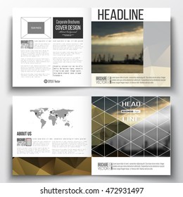 Set of annual report business templates for brochure, magazine, flyer or booklet. Colorful polygonal background with blurred image, seaport landscape, modern stylish triangular vector texture