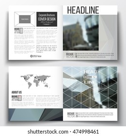 Set of annual report business templates for brochure, magazine, flyer or booklet. Abstract polygonal background, blurred image, urban landscape, modern stylish triangular vector texture