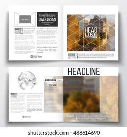 Set of annual report business templates for brochure, magazine, flyer or booklet. Polygonal background, blurred image, urban landscape, cityscape, modern stylish triangular vector texture