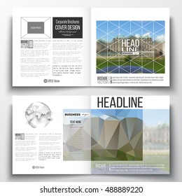 Set of annual report business templates for brochure, magazine, flyer or booklet. Polygonal background, blurred image, park landscape, modern stylish vector texture