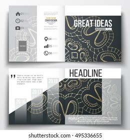 Set of annual report business templates for brochure, magazine, flyer or booklet. Polygonal backdrop with golden connecting dots and lines, connection structure. Digital scientific background