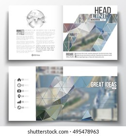 Set of annual report business templates for brochure, magazine, flyer or booklet. Polygonal background, blurred image, urban landscape, modern stylish triangular vector texture