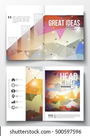 Set of annual report business templates for brochure, magazine, flyer. Molecular construction, connected lines and dots, scientific pattern on colorful polygonal background, modern triangular texture
