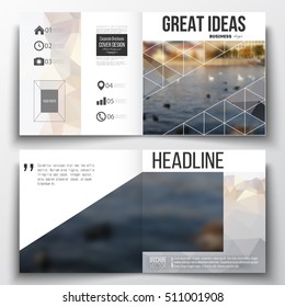 Set of annual report business templates for brochure, magazine, flyer or booklet. Polygonal background, blurred image, urban landscape, cityscape, modern stylish triangular vector texture