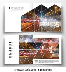 Set of annual report business templates for brochure, magazine, flyer or booklet. Dark polygonal background, blurred image, night city landscape, car traffic, modern triangular texture
