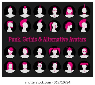 Set Of Anonymous Male And Female Goth, Punk And Alternative People Avatars