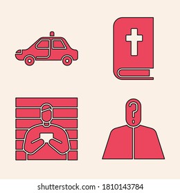 Set Anonymous with question mark, Police car and flasher, Holy bible book and Suspect criminal icon. Vector