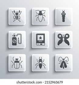 Set Ant, Clothes moth, Butterfly, Book about insect, Stink bug, Pressure sprayer, Beetle deer and Larva icon. Vector