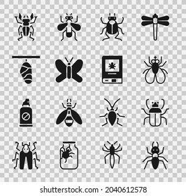 Set Ant, Stink bug, Insect fly, Beetle, Butterfly, cocoon, deer and Book about insect icon. Vector