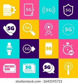 Definir Antena, Medidor de velocidade digital 5G, rede, Busca, Telefone com, configuração do cartão Sim e ícone. Vetor