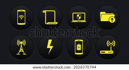 Set Antenna, Download arrow with folder, Lightning bolt, Smartphone battery charge, Laptop shield and Paper scroll icon. Vector