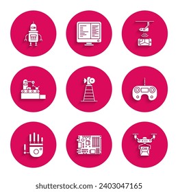 Set Antenna, Drone delivery concept, Remote control, Mechanical robot hand, Factory conveyor system belt, Wireless Controlling CCTV security camera and Robot icon. Vector