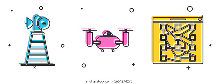 Set Antenna, Drone flying with action camera and Global technology or social network icon. Vector