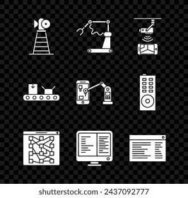 Set Antenna, Global technology social network, Computer monitor screen, Software, web developer programming code, Conveyor belt with cardboard box and  icon. Vector