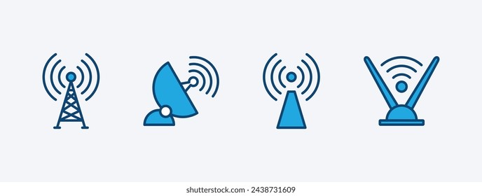 Conjunto de iconos de antena. Con señal de radio inalámbrica, antena parabólica, antena de torre, televisión o televisión. Ilustración de vector