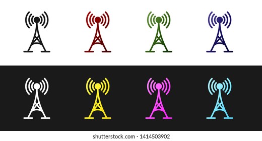 Set Antenna icon isolated on black and white background. Radio antenna wireless. Technology and network signal radio antenna. Vector Illustration
