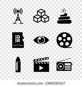 Antenna, Isometrischer Würfel, Shit, Bullet, Filmklapper und Radio-Icon einstellen. Vektorgrafik