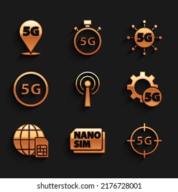 Set Antenna, Nano Sim Card, 5G network, Setting, Globe,  and Location icon. Vector