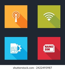 Stellen Sie Antennen, Wi-Fi Wireless-Netzwerk, Sim-Karteneinstellung und Nano-Card-Symbol ein. Vektorgrafik