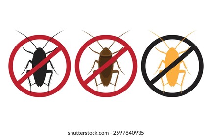 Set Anti cockroach, pest control. Stop insects sign. Silhouette of cockroach in red forbidding circle, vector illsutration