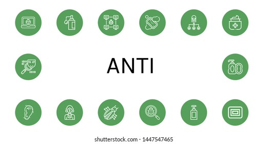Set of anti icons such as Bug, Soap, Antiseptic, Otoplasty, Corruption, Spyware , anti