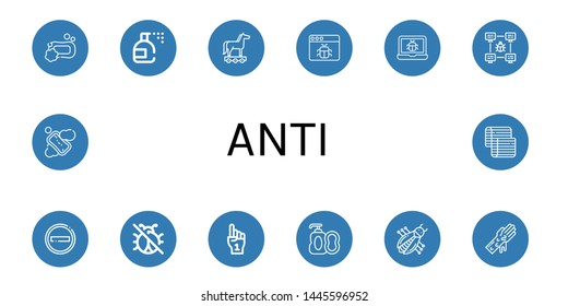 Set of anti icons such as Soap, Insecticide, Trojan horse, Malware, Bug, No entry, No insects, Foam hand, Hand washing, Mattress , anti