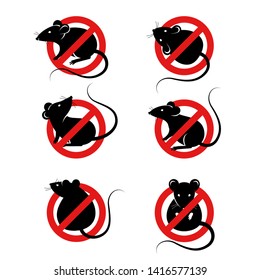 Set of anti pest signs with black rats silhouettes under red circle. Vector illustration. House mouse, home parasite icons.