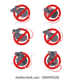 Set of anti pest signs with gray rats silhouettes under red circle. Vector illustration. House mouse, home parasite icons.