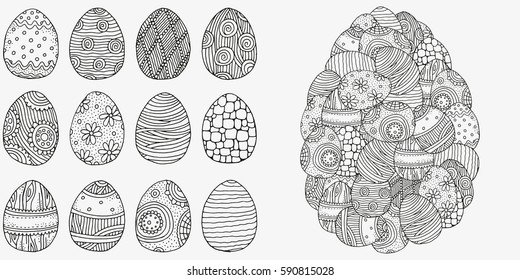 Set of anti stress coloring book pages for adult. Easter eggs. Zentangle and doodle design elements.  Black and white vector illustration.