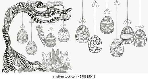 Set of  anti stress coloring book pages for adult.  Artistic tree, Easter eggs and bunnies. Zentangle and doodle design elements.  Black and white vector illustration.