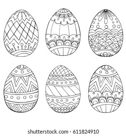 Set of anti stress coloring book pages for adult. Easter eggs. Zentangle and doodle design elements. Black and white vector illustration.