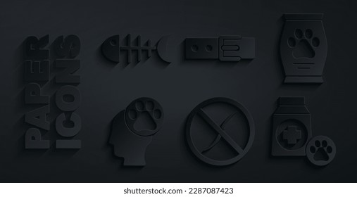 Set Anti worms parasite, Bag of food, Human with animals footprint, Collar name tag and Fish skeleton icon. Vector