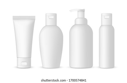 Set of antibacterial hand sanitizers mockups isolated on white background.  Vector illustration