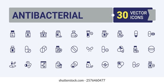 Set of Antibacterial line icons. Includes icons for painkiller, care, syringe, Antibiotic, dose, prescription, medicine and more. Vector line and solid icons.